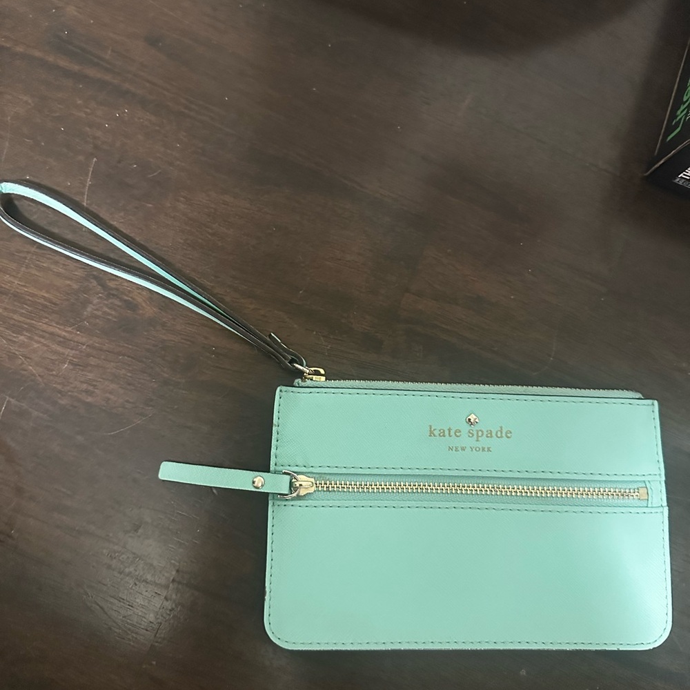 Kate Spade Aqua Wristlet with Gold Accents